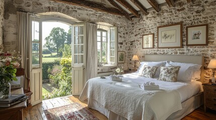Rustic bedroom, stone walls, garden view, country home, tranquil escape
