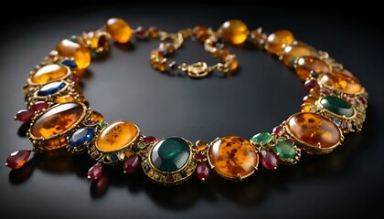 Opulent multi-colored gemstone necklace featuring amber and intricate gold detailing on a dark background
