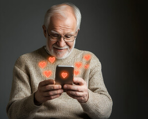  Smiling senior man uses his phone ,connecting with loved ones or enjoying a dating app. Valentine's Day. Compliment day. Online  communication, dating,love, technology, and aging concept - obrazy, fototapety, plakaty