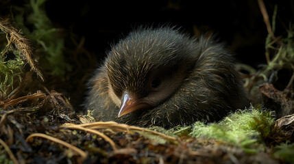 Obraz premium Photo - Baby Bird Nestling Wildlife Nature Chick Ornithology Feathers Beak Brown Forest Green Moss