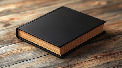 Black Book Mockup on Wooden Surface: A classic black book with a golden edge lies flat on a rustic wooden surface.