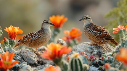 Two birds perched amid flowers.