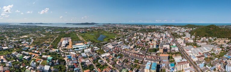 Songkhla, Thailand-22 Feb 2024: Aerial panorama of the cityscape of Mueang Songkhla, Thailand.