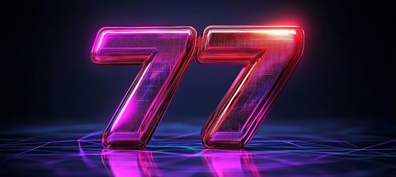 Glowing Digital Single Big 3D Number 77 In Futuristic Style On Digital Abstract Background