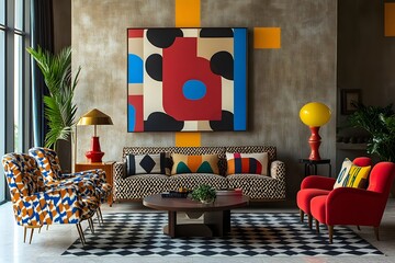 Mid Century Modern Living Room Interior Design Colorful Abstract Art Geometric Patterned Sofa Stylish Armchairs Checkered Rug Bohemian Decor Home     