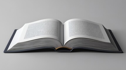 Obraz premium Open Book on Neutral Background: A classic hardcover book lies open, revealing pages filled with dense text, inviting exploration and intellectual curiosity. The image is clean and simple.