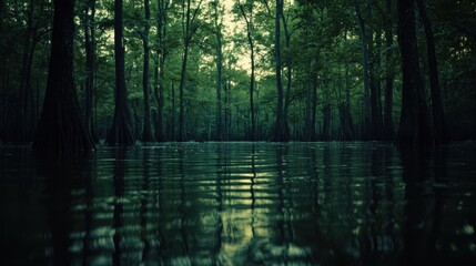 Tranquil swamp scene with cypress trees.