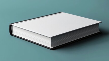 Blank Hardcover Book Mockup: A pristine, blank hardcover book with a black spine rests on a teal background, offering a clean and minimalist template for book cover design or publishing projects. 
