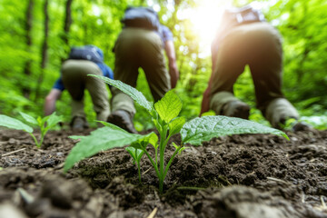 Three people are kneeling down to look at a small plant