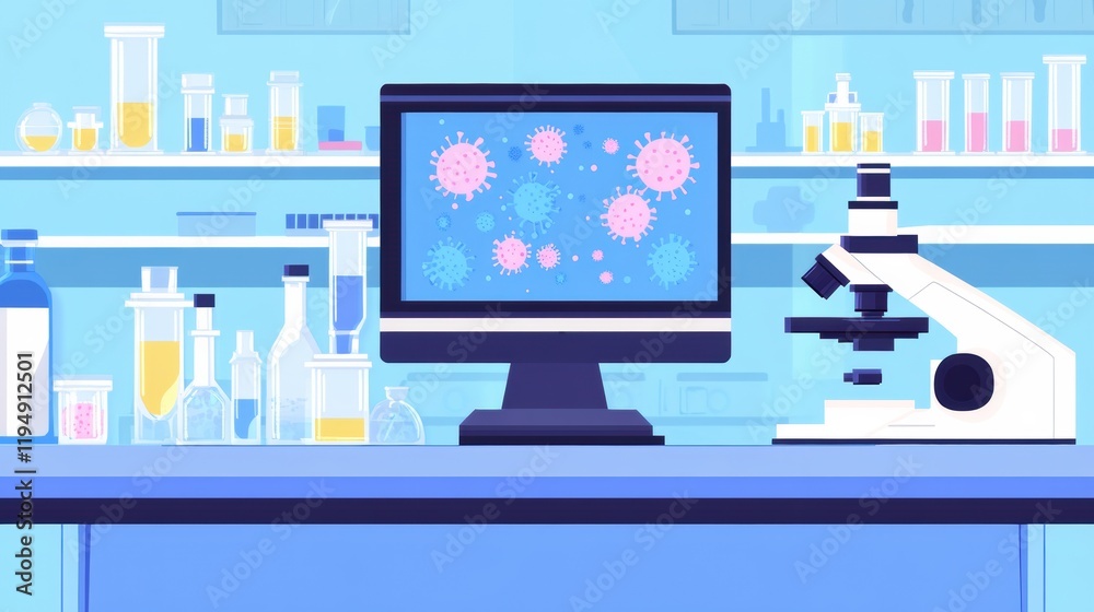 Aufkleber laboratory interior featuring microscopes, test tubes, and computer displaying bacteria visuals. gen