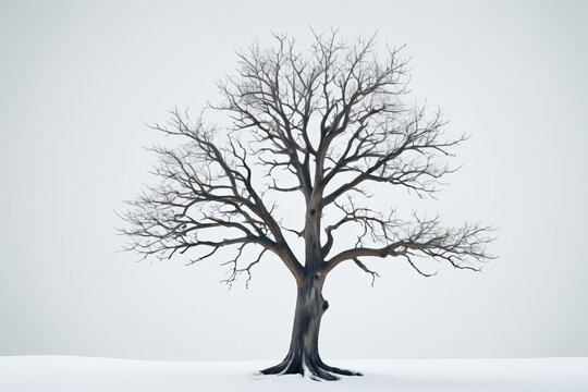 there is a bare tree in the middle of a snowy field