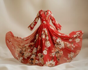 Red floral dress isolated on a soft white background