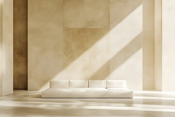 Modern Minimalist Beige Sofa Interior Design Sunlight Room Apartment Luxury Home Decor Elegant Comfortable Furniture Stylish Spacious Peaceful Serene 