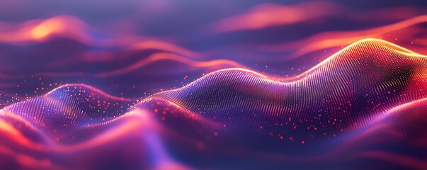 Fototapeta premium Abstract Waveform: A mesmerizing abstract landscape of undulating, glowing waves in vibrant hues of pink, purple, and orange. The image evokes a sense of energy, fluidity, and digital artistry. 