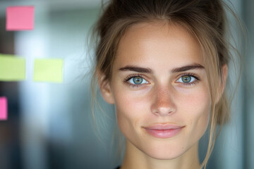 Naklejka premium A woman with a pink and yellow sticky note on her forehead