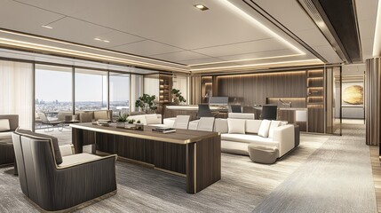 Fototapeta premium A high-end office featuring a standing desk and a tidy, minimalistic workspace, ready for corporate presentations or creative content.