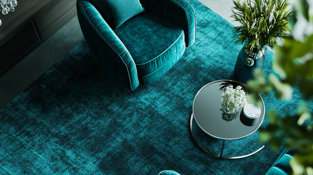 A contemporary teal design with sharp contrasts and sleek shapes, blending elegance and modernity for a fresh look.