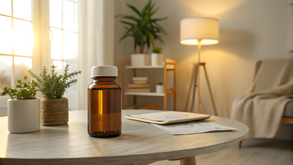 Cozy living room brown bottle on wooden table, with plants and a lamp in the background