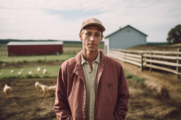 Young farmer standing in front of barn and chickens. Generative AI image