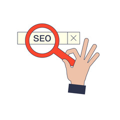 A hand holds a magnifying glass over a search bar with 'SEO', symbolizing search optimization.