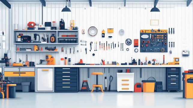 Organized workshop with tools and equipment on shelves and workbench. (1)