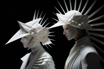 Futuristic white geometric headpieces on two female models. Generative AI image
