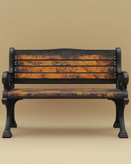 [city landscape pedestrian furniture] Rustic Wooden Bench with Distressed Finish and Metal Frame