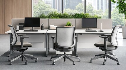 Fototapeta premium A modern shared office space with several workstations featuring sleek desks, ergonomic chairs, and greenery in the background.