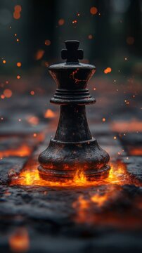 A glowing chess king in flames.