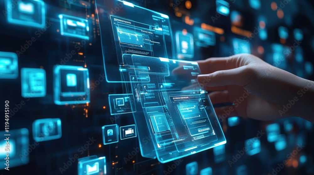 Poster innovative digital interface for document management system featuring user interaction and futuristi