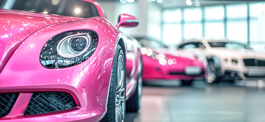 Close-up of luxury pink car in car showroom with other cars in the background. Banner with place for text