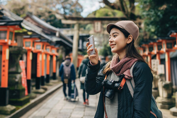 Tourist taking photos at a traditional Japanese shrine. Generative AI image