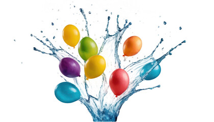 A handful of water balloons being tossed into the air, with one bursting and splashing water out, creating a dynamic movement, on a transparent background PNG