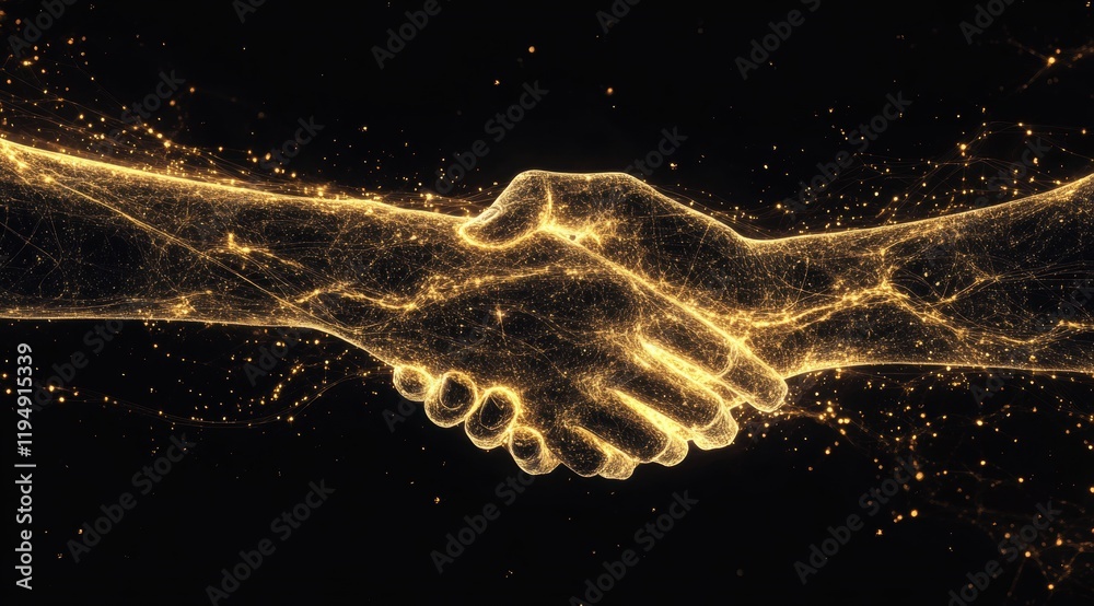 Canvas Prints handshake in a digital style, with golden lines and glowing particles on a black background.