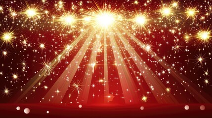 A polished red backdrop with scattered golden light beams and radiant holiday sparkles.