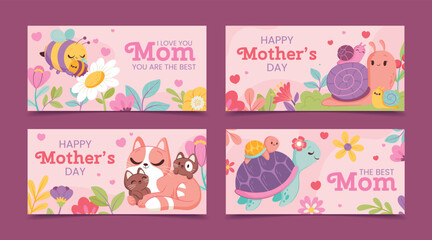 Mother's Day Cards with Cute Animals and Flowers