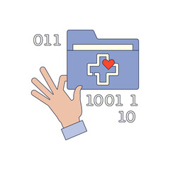 Hand holding a digital folder with a cross symbol, representing digital health records.