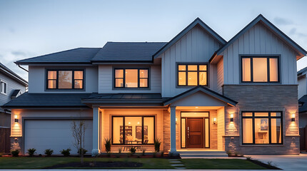 Fototapeta premium Luxury Modern Farmhouse Exterior at Night. Illuminated Home with Stone Facade, Large Windows, and Cozy Lighting. Perfect Family Dream Home
