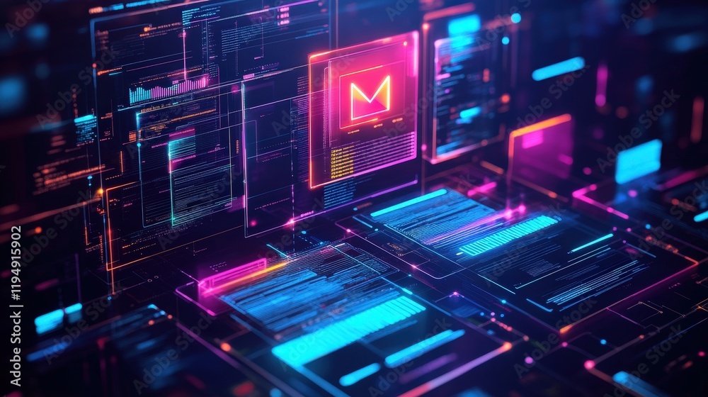 Poster futuristic abstract interface with glowing elements representing document management systems in a co