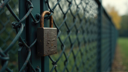 Lock secures gated access to a park area on a cloudy day, emphasizing restrictions in outdoor spaces