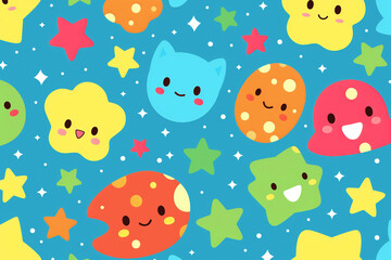 Cute cartoon space characters and colorful stars pattern. Generative AI image