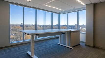 Fototapeta premium A professional office featuring a standing desk, minimalist decor, and plenty of room for text and creative design.
