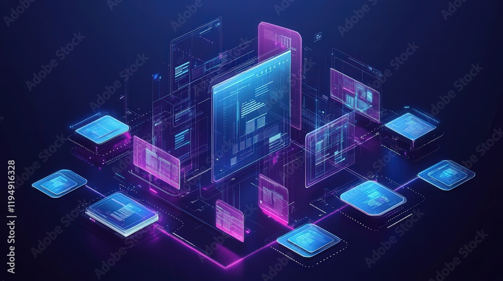 Poster futuristic digital document management system visualization with interactive ui elements and data co