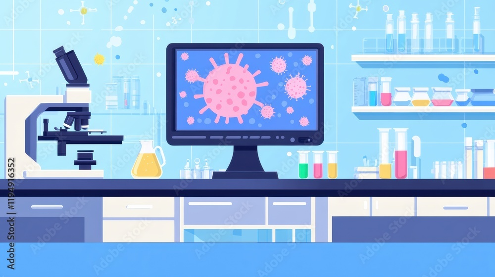 Leinwandbilder laboratory setting with modern microscopes, test tubes, and bacteria visuals on a monitor during a r