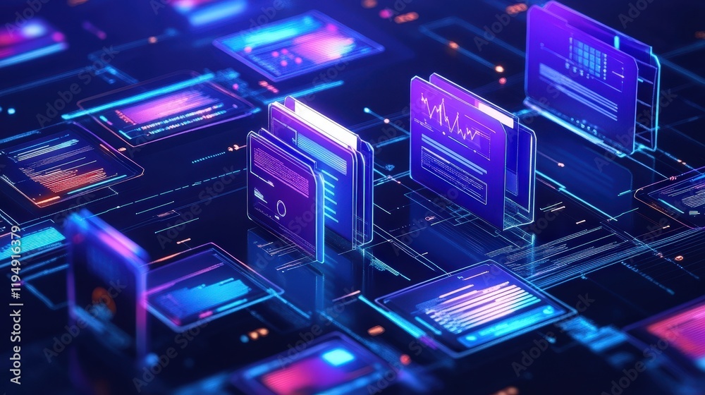 Poster digital interface with floating document management system elements and data visualizations in futur