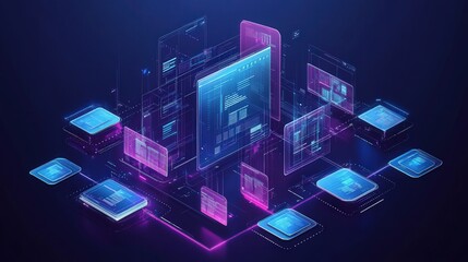 Futuristic Digital Document Management System Visualization with Interactive UI Elements and Data Connections in Blue and Pink Colors