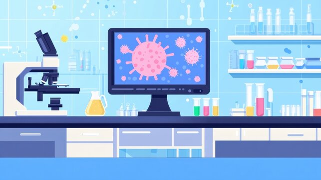 Laboratory setting with modern microscopes, test tubes, and bacteria visuals on a monitor during a research session. Generative AI