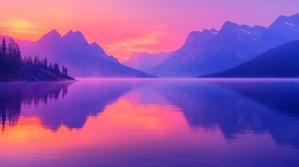 Serene sunrise over mountain lake, misty reflection, peaceful landscape, ideal for travel brochures