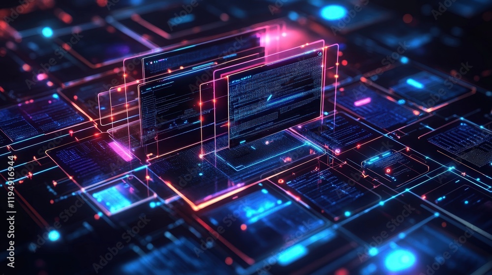 Poster futuristic digital interface with layered data screens and abstract technology background for docume