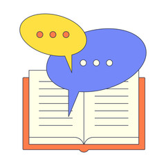 Open book with speech bubbles symbolizes communication and knowledge sharing.
